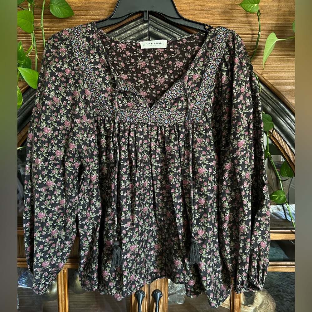 Lucky Brand Black and Pink Floral Blouse